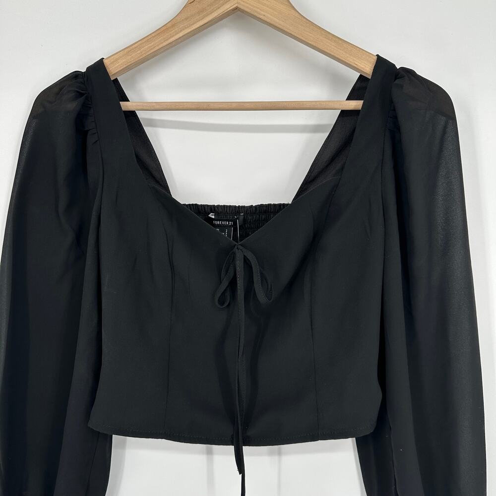 Forever 21 Cottagecore Blouse Square Neck Long Sleeve Chiffon Bow Top Black